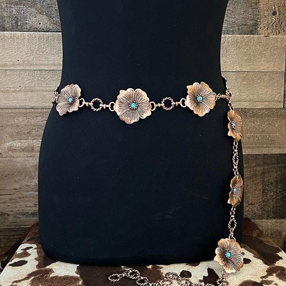 Western Concho Floral Flower Metal Cable Link Belt Turquoise Accents